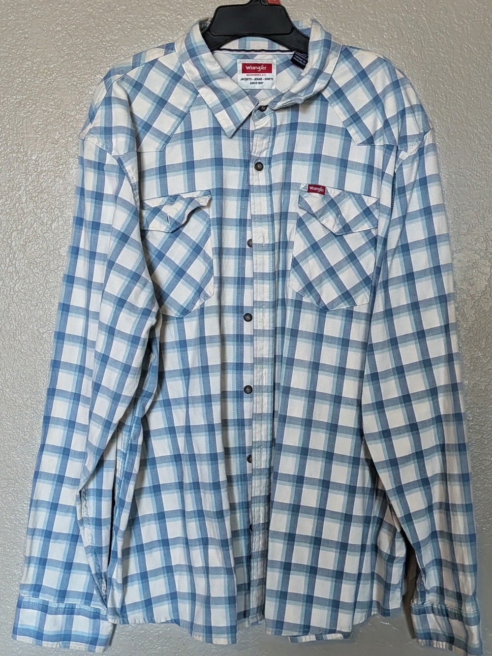 Wrangler Riata Western Shirt Blue Plaid Button Up Men's Oversized Cowboy Shirt L